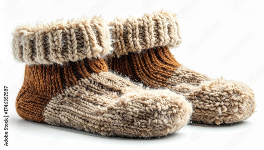 Fototapeta premium Cozy Warm Knitted Wool Slippers in Brown and Beige on White Background