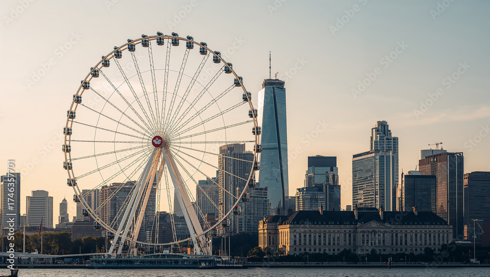 Obraz premium Evening Ferris Wheel and Cityscape Captured at Sunset