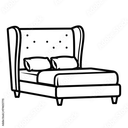 Vector illustration of wingback bed with tufted headboard and pillows