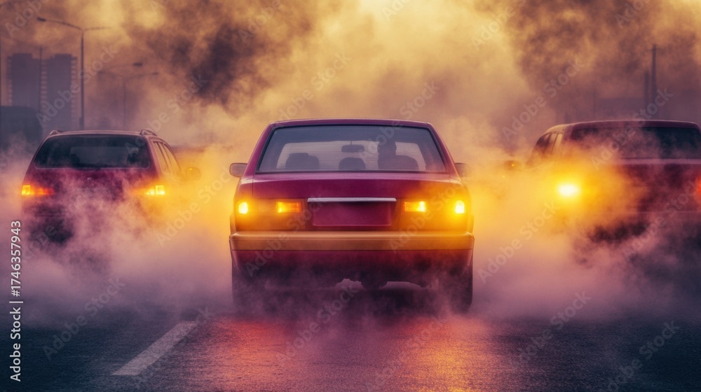 Obraz premium Cars crowd a busy city street during the evening, releasing visible exhaust that blends into a thick haze. The sun sets, casting a yellow glow over the scene