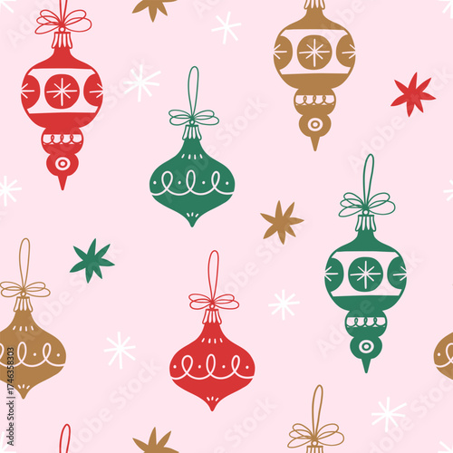 Christmas tree decorations seamless pattern. Festive background with vintage xmas baubles.