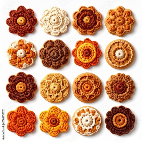Variety of Knitted Flower Motifs in Warm Tones on White Background