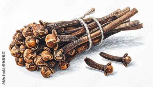 Bunch of Brown Dried Cloves Tied Together on White Surface Closeup