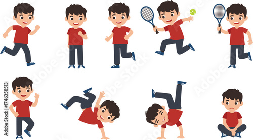 Cartoon boy character poses, children activities illustration, sports play, exercise, fun expressions, childhood movement, tennis, gymnastics, playful design, lively drawing