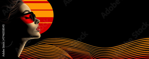 A woman with red lipstick and sunglasses is staring at the sun