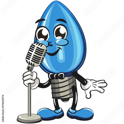 cute blue light bulb mascot cartoon character isolated vector illustration singing wth vintage mic or become a stand up comedian, work of hand drawn