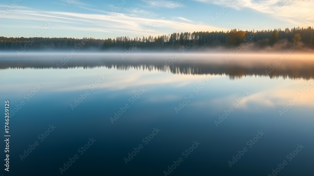 Fototapeta premium Misty Morning Over a Still Lake