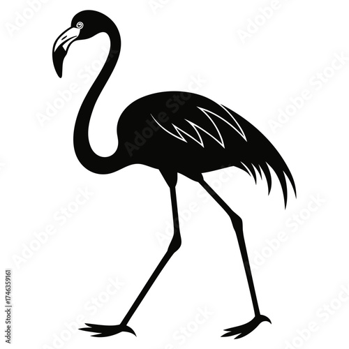 Black silhouette of a flamingo walking with its head turned