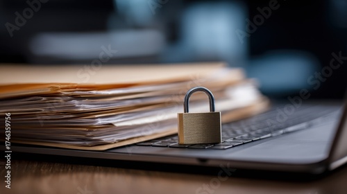 A padlock rests on a laptop keyboard next to a stack of document folders symbolizing data security