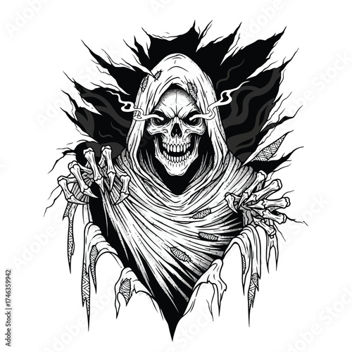 Vector illustration of scary grim reaper emerging from darkness with skeletal hands