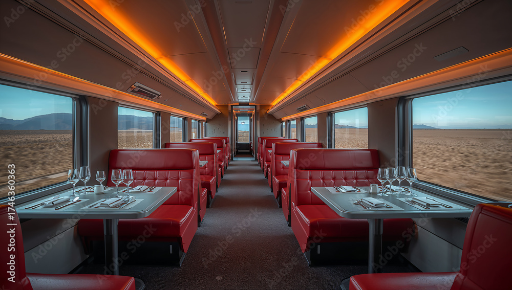 Fototapeta premium Elegant Train Dining Area with Scenic Window Views