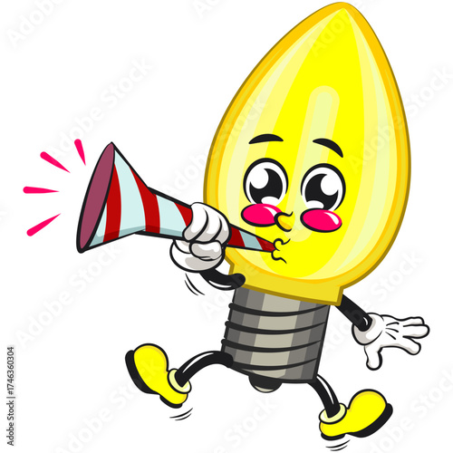 cute yellow light bulb mascot cartoon character isolated vector illustration blow the party horn trumpet, work of hand drawn