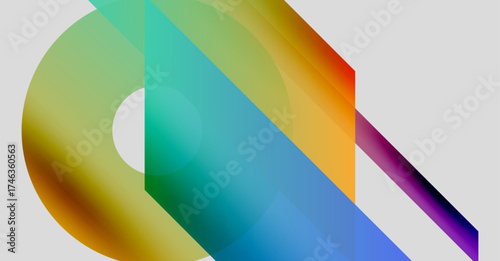 Abstract colorful design. Overlapping shapes create dynamic visual effect. Gradient hues blend smoothly, forming modern composition.