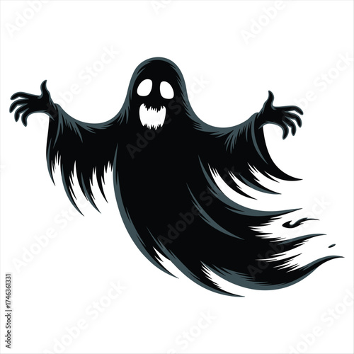 Spooky black ghost with glowing eyes and tattered edges silhouette