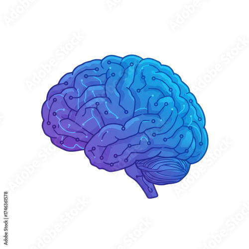 Stylized brain illustration with circuit board design in blue and purple tones.