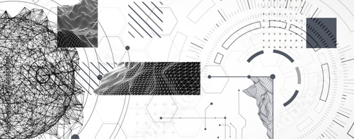 Technological art. Combination of sphere with technological lines and circles in one illustration.