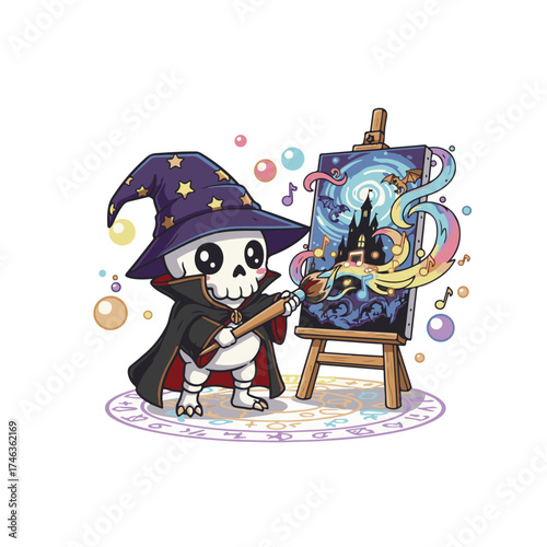 Cute skeleton wizard painting a magical, colorful scene on a canvas with a spell brush, surrounded by glowing runes, bats, and vibrant rainbow energy.