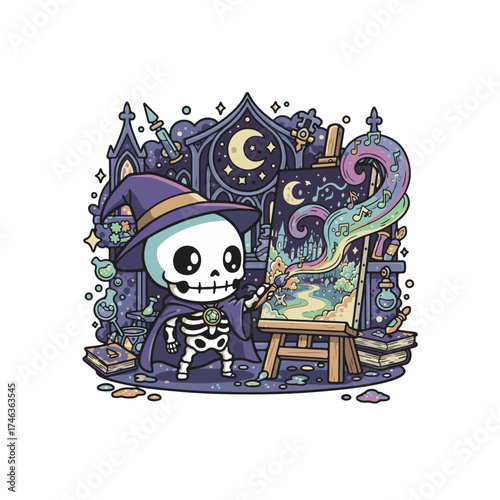 Cute skeleton wizard painting a magical, colorful scene on a canvas with a spell brush, surrounded by glowing runes, bats, and vibrant rainbow energy.