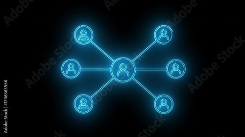 Futuristic digital illustration of a glowing blue social network with interconnected user profiles on a black background