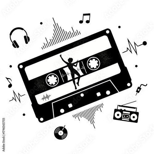 Retro Music Party Illustration, Cassette Frame Vector with Dancing Silhouette, Headphones, Boombox, and Equalizer Elements