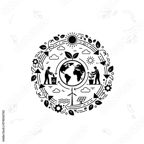 Global Eco-Friendly Cycle, Recycle Theme Frame Vector Icon with Earth Globe, Renewable Energy and People Caring for the Environment