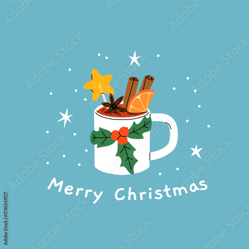 Christmas and Happy New Year greeting card. Mug and cup of hot coffee, punch, cacao with whipped cream, marshmallow and candy cane. Poster or cover design for Xmas, New year or winter holidays