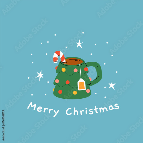 Christmas and Happy New Year greeting card. Mug and cup of hot coffee, punch, cacao with whipped cream, marshmallow and candy cane. Poster or cover design for Xmas, New year or winter holidays