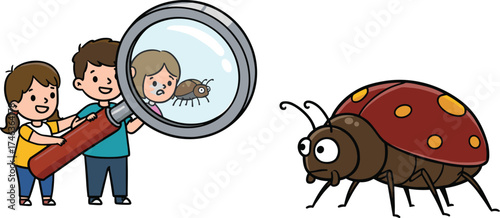 hildren exploring with magnifying glass, cartoon boy and girl observing ladybug, educational activity, childhood curiosity, science learning, discovery, fun, lively illustration