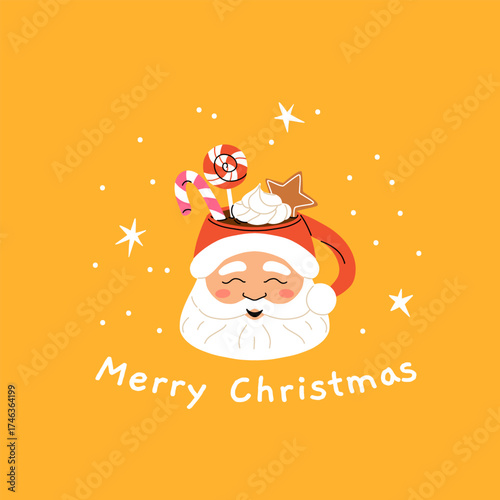 Christmas and Happy New Year greeting card. Mug and cup of hot coffee, punch, cacao with whipped cream, marshmallow and candy cane. Poster or cover design for Xmas, New year or winter holidays