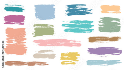 Set of colorful textured grunge brushstrokes. Scratched, untidy stains of pastel paint. Abstract overlay, decorative or background elements, vector graphics