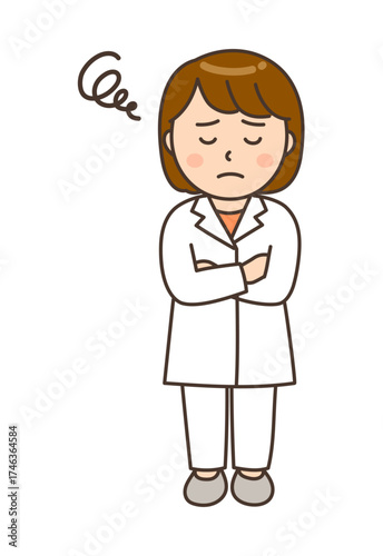 腕を組んで悩んでいる若い女性薬剤師のイラスト