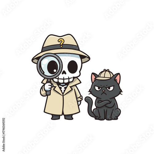 Cute cartoon skeleton detective holding a magnifying glass with a grumpy black cat partner wearing detective hats. Fun mystery-themed illustration with humorous style.