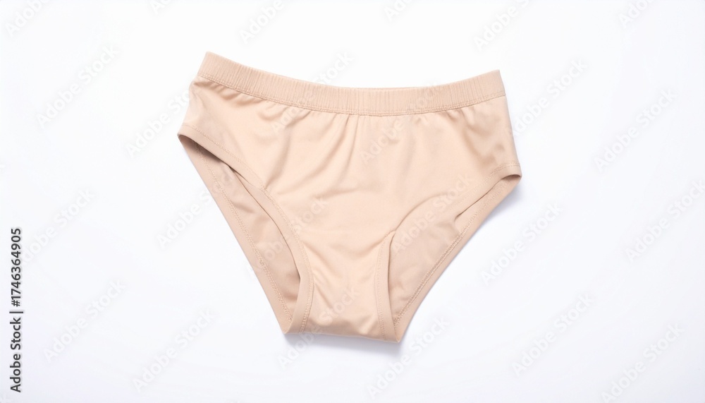 Naklejka premium White bikini-style underwear made of smooth fabric with elastic waistband, minimalistic design with no patterns or embellishments, placed against neutral background for fashion or apparel context.