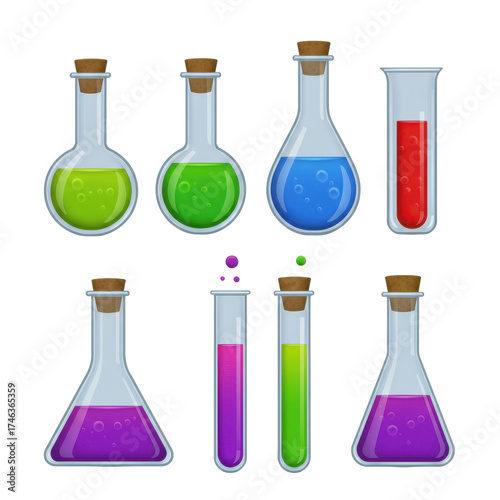 Illustration of various flasks and test tubes filled with colorful liquids.