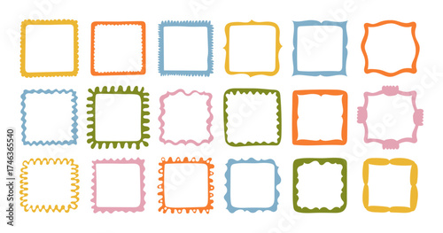 A collection of colorful hand-drawn square frames. Vector decorative borders for scrapbooking, greeting cards, invitations, photo albums, labels, posters, and creative design projects. 