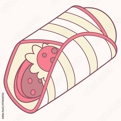 Delicious and vibrant illustration of a soft tortilla wrap filled with savory ingredients.