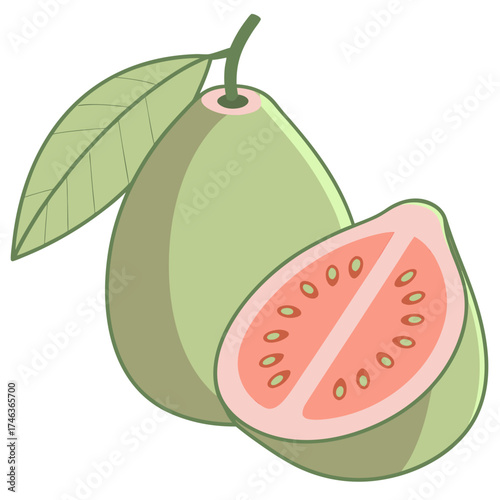Fresh guava fruit, whole and sliced, isolated on a clean background