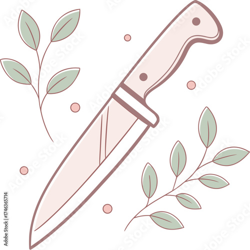 Elegant kitchen knife with decorative plant elements, illustration on white background