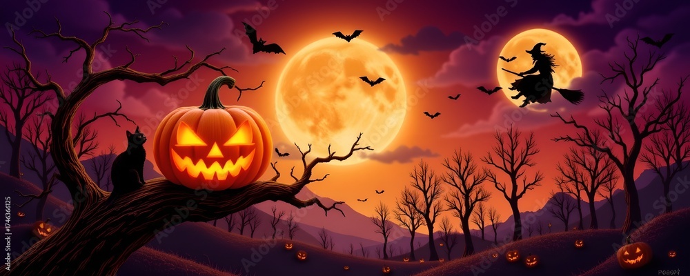 Fototapeta premium Spooky Halloween Night Scene with Jackolanterns and Bats