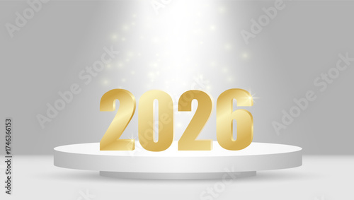 The golden numbers 2026 stand on a white round podium. This is the concept for a 2026 New Year card. The glittering, sparkling background symbolizes the festive atmosphere of the New Year.
