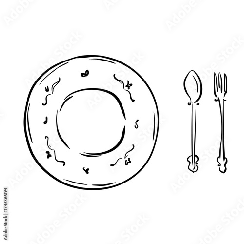 Elegant vintage plate with ornate spoon and fork. Vector line art illustration in quick whimsical sketch style. Perfect for restaurant menus, kitchen decor, invitations, or vintage culinary projects