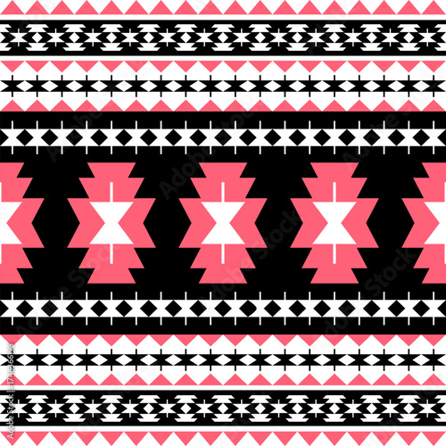 Black pink and white geometric tribal pattern seamless repeating ethnic motif with diamond and triangle shapes background