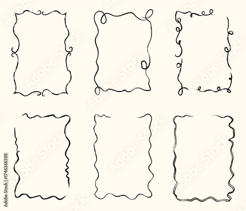 Whimsical hand drawn wavy frames and borders in playful doodle sketch style with crayon texture, imperfect freehand lines for decorative design. Flat vector illustration isolated on background.