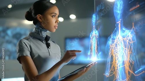 Human-AI Symbiosis African Cybernetics Scientist Analyzes Biological-Digital Integration on Symbiotic Systems Display. Using Bio-AI Interface She Studies Human-Machine Collaborati