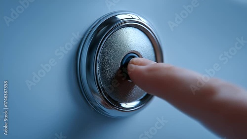 Macro close-up of doorbell button being pressed, polished chrome glowing under daylight, surface reflecting vividly.