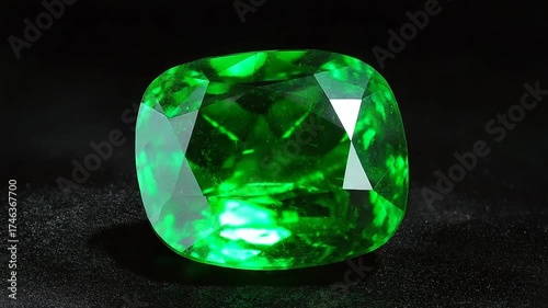 Macro close-up of emerald gemstone, green facets glowing under white light, polished surface radiant.