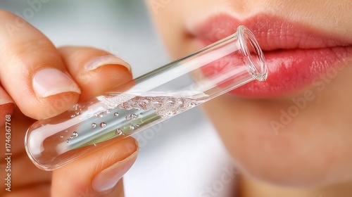Realistic photo of a person giving a saliva sample for DNA genetic test in soft natural light.
