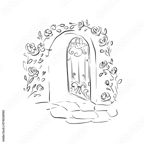 Romantic garden arch surrounded by blooming roses. Vector line art illustration in quick whimsical sketch style. Ideal for wedding invitations, fairytale designs, garden decor, and romantic story art