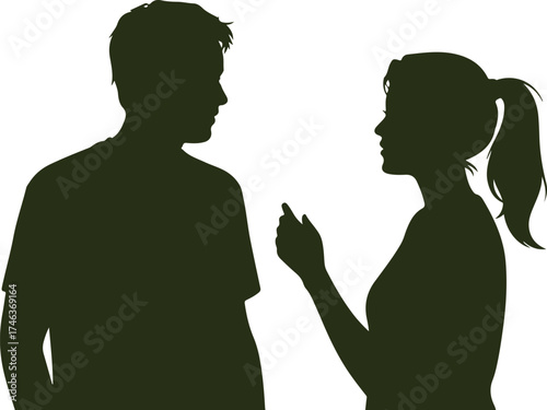 silhouette of man and woman talking face to face, conversation between two people, communication and discussion concept, couple interaction on white background