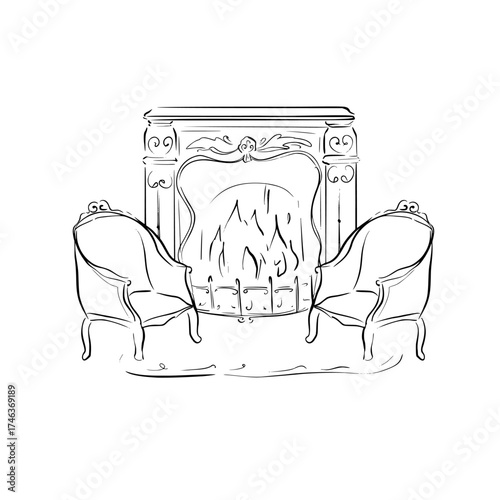 Vintage fireplace with two elegant armchairs. Vector line art illustration in quick whimsical sketch style. Perfect for nostalgic literature themes, posters, Victorian aesthetics, invitations